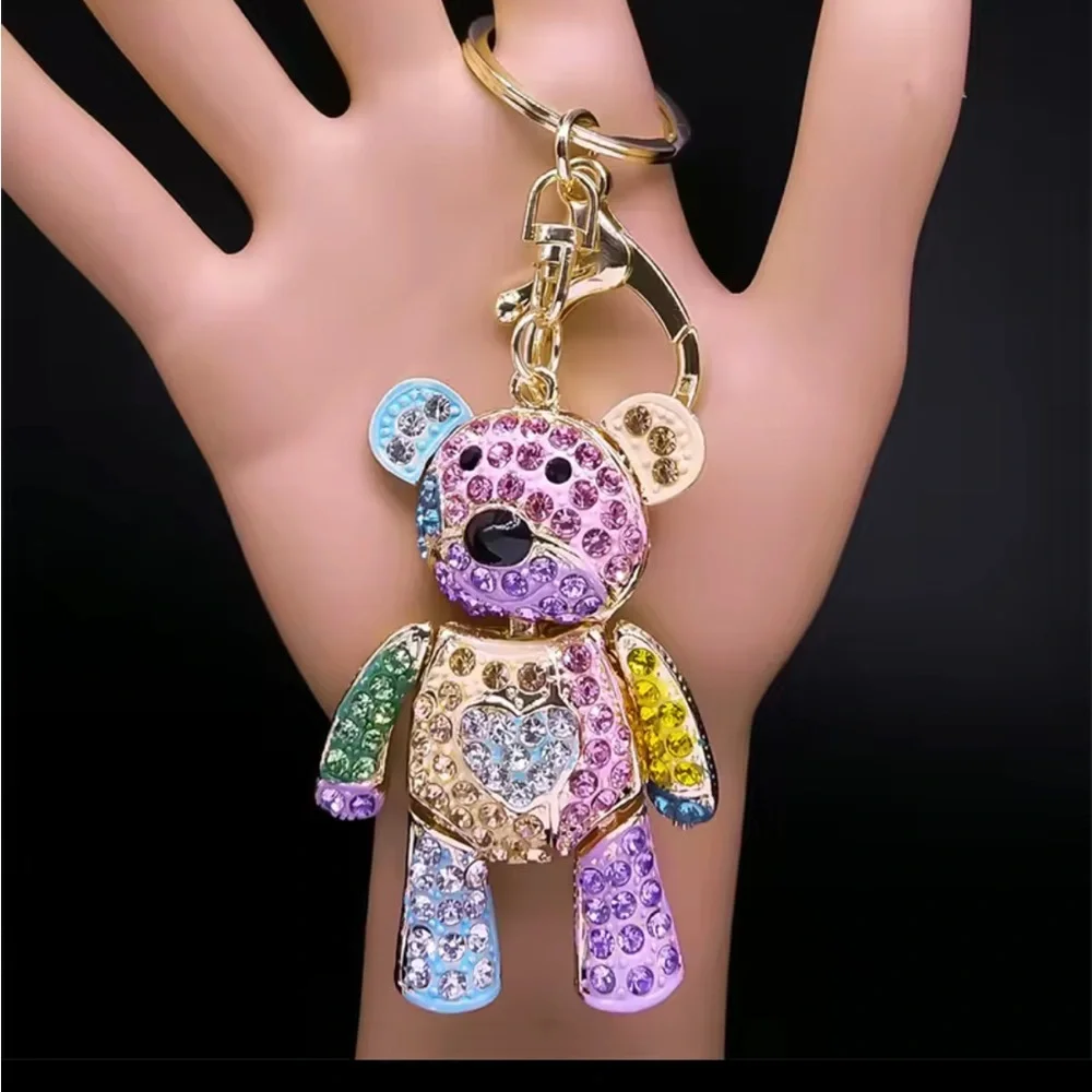 Bear rhinestone keychain multicolor rainbow purple gold Colorful Crystal Bear